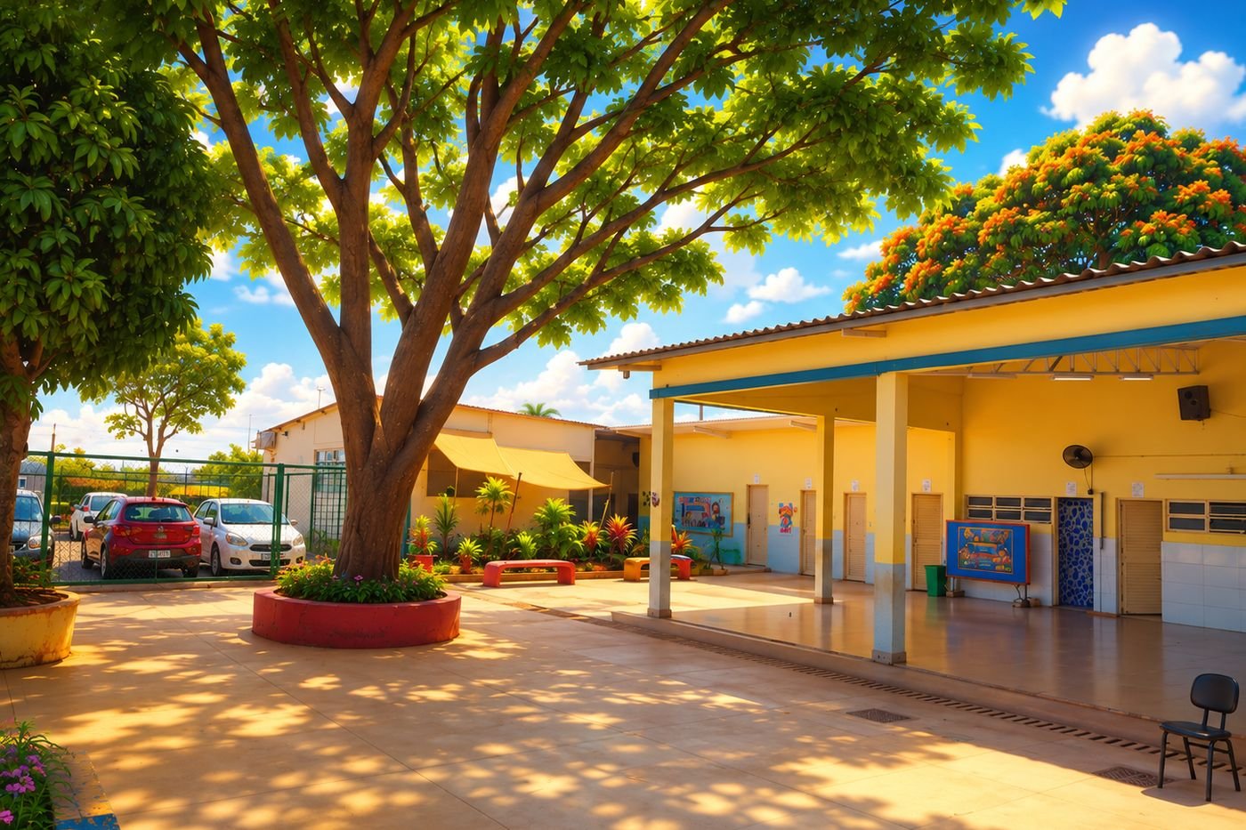 Pátio da Escola Classe Incra 06: mangueira grande dando sombra, flamboyant florido e o corredor coberto de salas em amarelo e azul